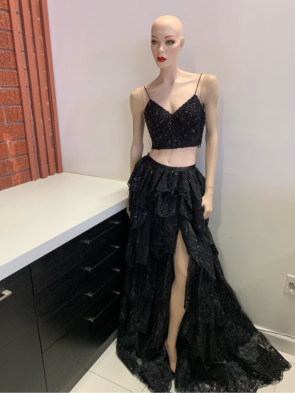 Catwalk Couture Black Sequin Two-Piece Dress with High-Slit Ruffled Skirt #40304